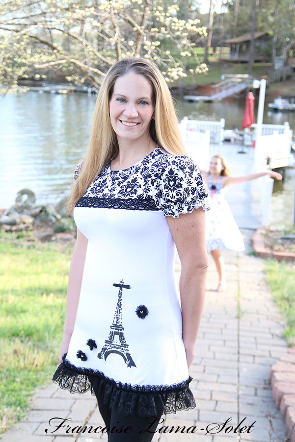 Womens black and white Eiffel Tower printed ruffled tunic short dress Fleur de Paris
