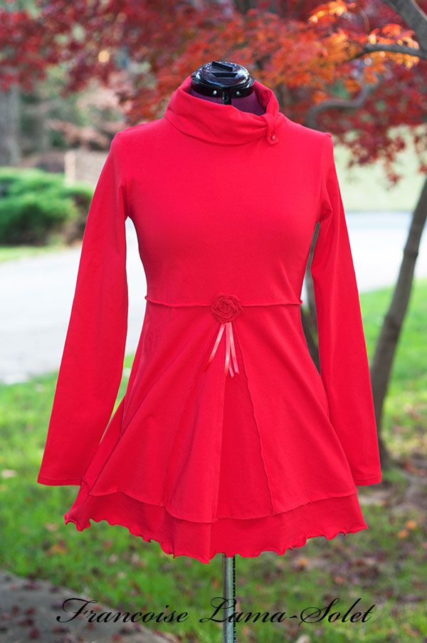 Plain red long sleeve fitted flared jersey tunic top, flattering blouse with cowl neckline, plus size long shirt
