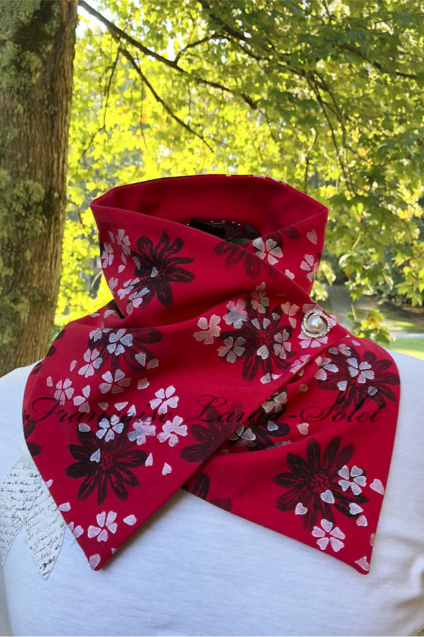 Red button neck warmer scarf hand printed with black daisies and pearl white cherry blossoms – Black Daisies