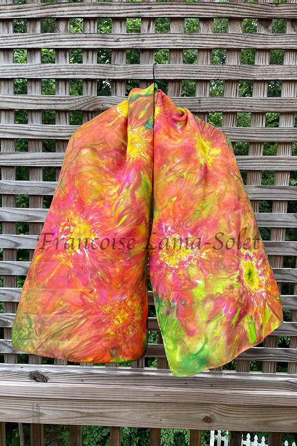 Women's wearable art lightweight silk scarf hand painted with sunflowers in different shades of hot pink, orange, yellow and green - Colorful Garden