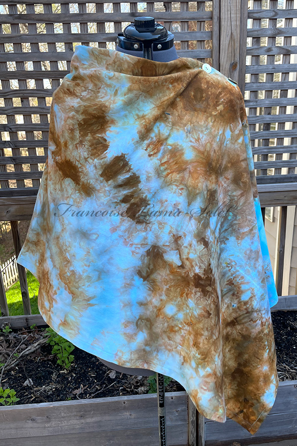 Women's hand dyed ice dyed asymmetrical poncho shawl wrap with buttons in the shades aqua, turquoise, brown, copper, and rust orange - Blue Amber