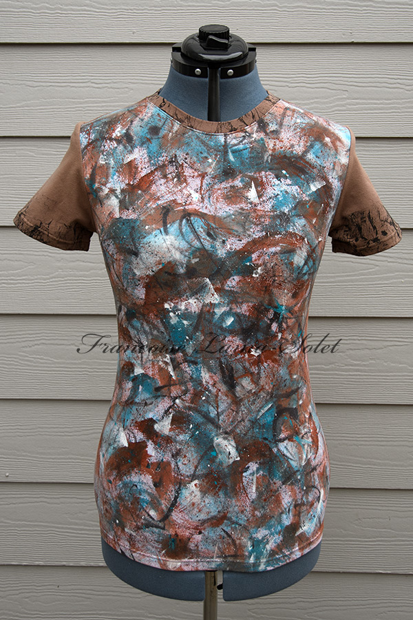 Women's wearable art light brown, black and turquoise short sleeve t-shirt handmade with cotton lycra jersey, hand painted and hand printed with expressive abstract art - Abstract