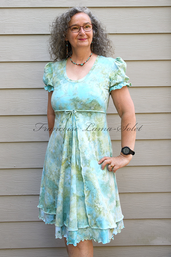 Women's hand dyed ice dyed empire waist knee length cotton jersey dress with short puff sleeves in the shades seafoam and aqua - Anaiis