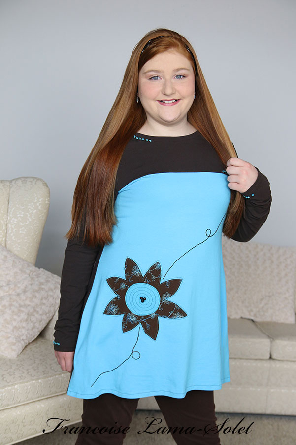 A line colorblock brown turquoise applique and hand embroidered long sleeve tunic short dress Azure
