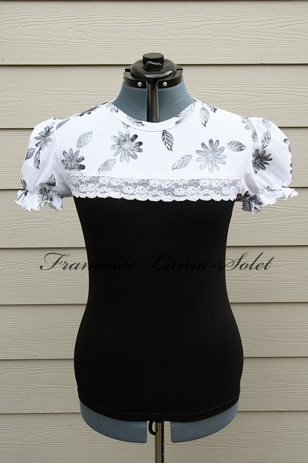 Ladies's handmade and hand printed black and white cotton puff short sleeve t-shirt with black daisy flower print - Black Daisies