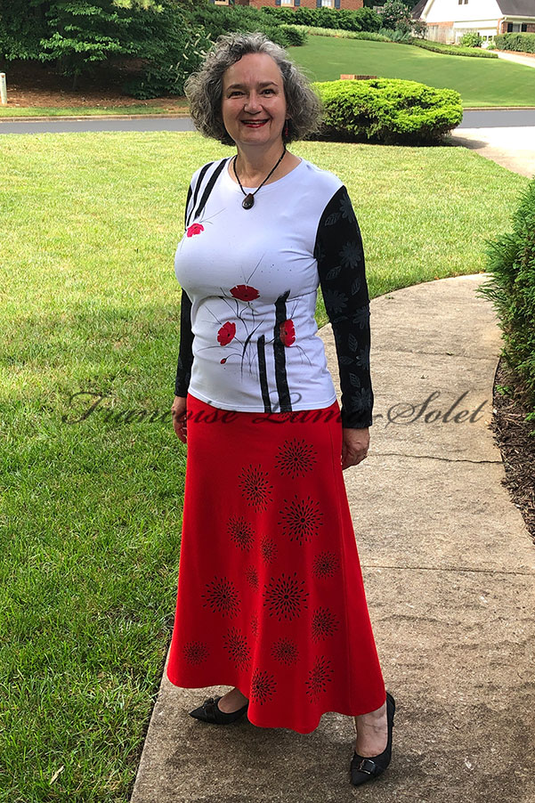 Art To Wear Handmade Hand Printed Red A Line Maxi Skirt – Black Stars