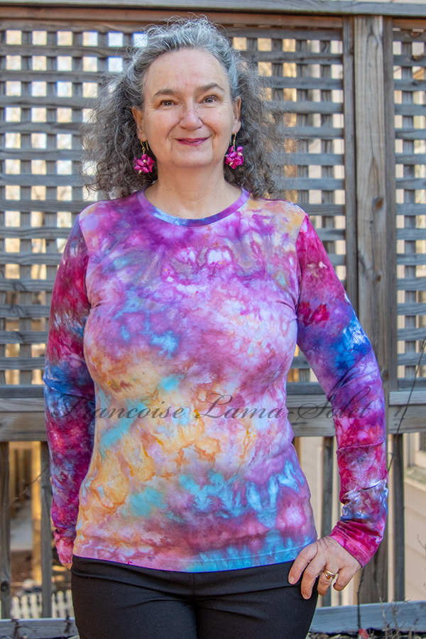Wearable art pink, purple, yellow, orange, blue and turquoise long sleeve t-shirt handmade and hand iced dyed with cotton lycra jersey – Boheme
