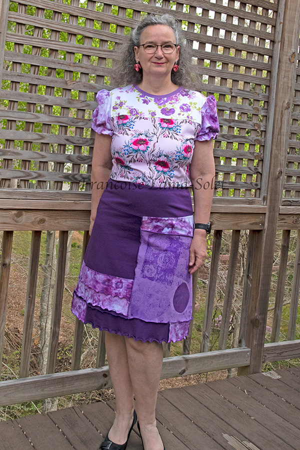 Women's hand printed and hand dyed knee length patchwork skirt handmade with purple and lavender cotton jersey with yoga waist - Boho Girl