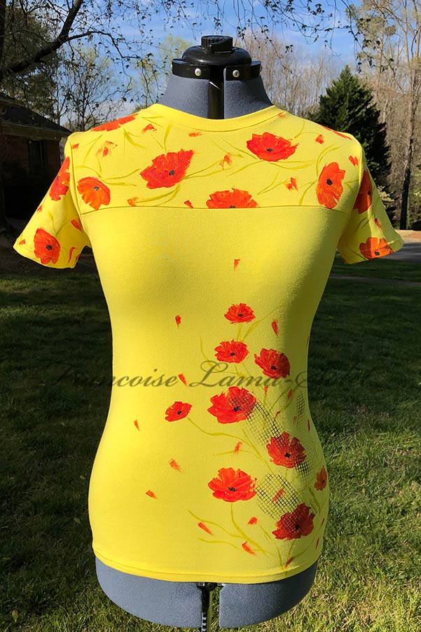 Womens fitted short sleeve yellow floral tee handmade with cotton lycra jersey and hand painted with poppy flowers – California Poppies