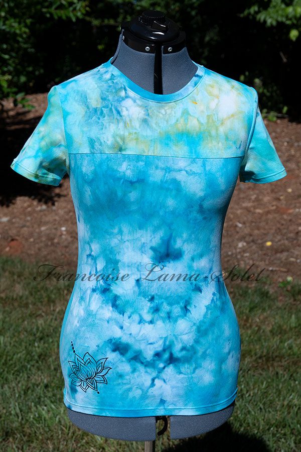 Women's wearable art turquoise short sleeve t-shirt handmade with solid and hand tie dyed cotton lycra jersey and hand printed with black lotus flowers - Caribbean Cruise