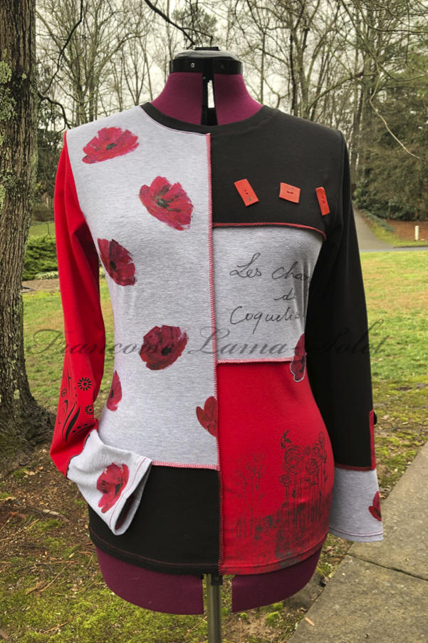 Artsy one of a kind red, black and grey long sleeve patchwork t-shirt hand painted and printed with poppies – Les Coquelicots