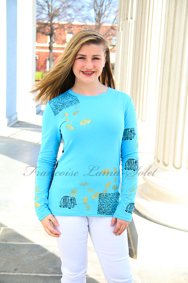 Hand printed elephant ginkgo flowers turquoise and black long sleeve t-shirt top Elephant Story