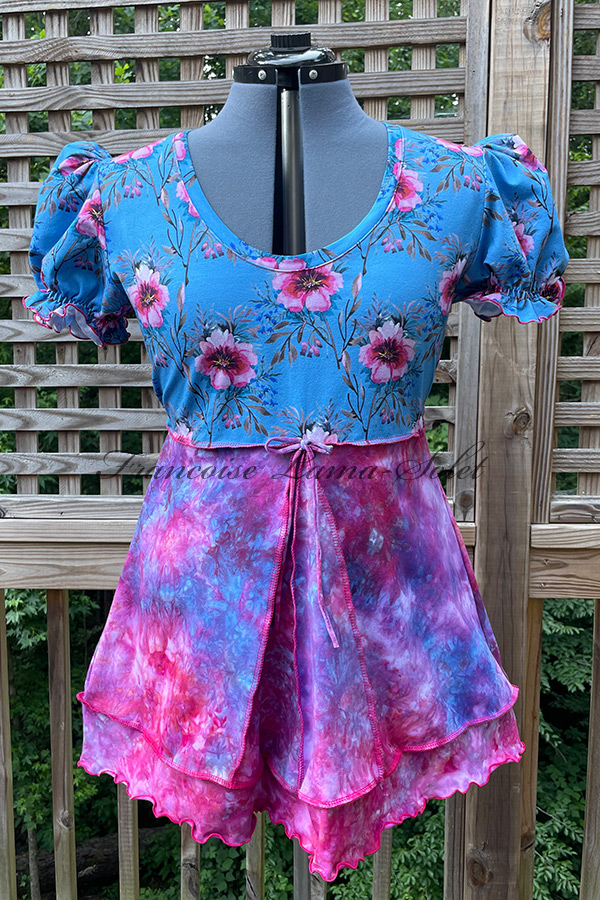omen's Blue and Pink short puff sleeve empire waist tunic swing top handmade with a hand dyed cotton lycra and a floral cotton lycra jersey - Gloria