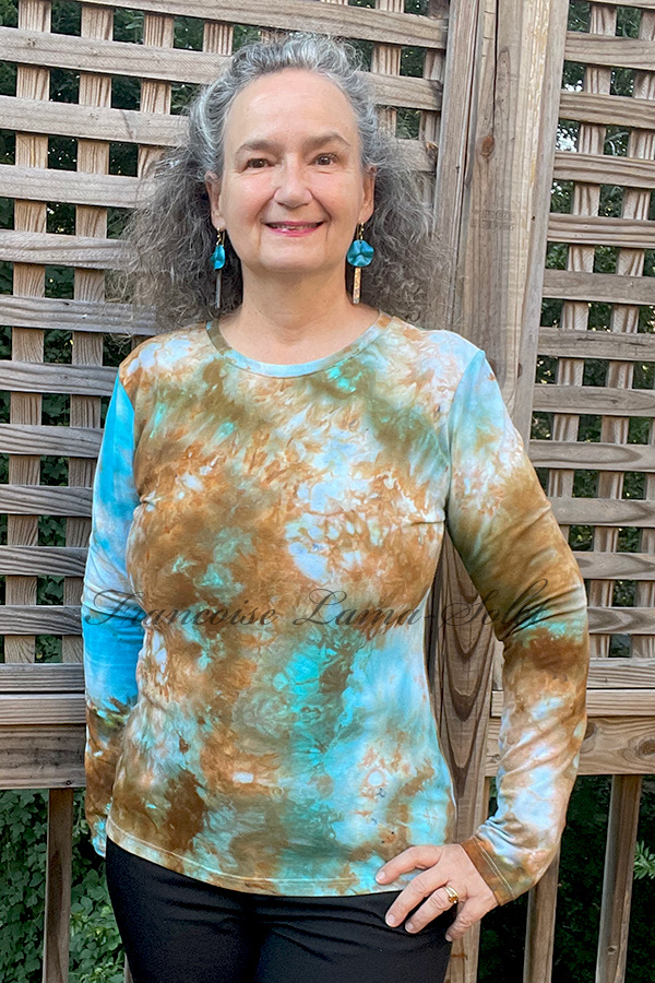 Wearable art autumn brown, gold and turquoise long sleeve t-shirt handmade and hand iced dyed with cotton lycra jersey – Glorious Turquoise