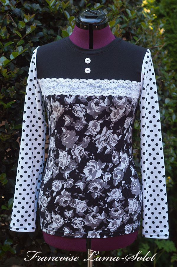 Casual black white polka dot floral long sleeve patchwork t-shirt Harmony
