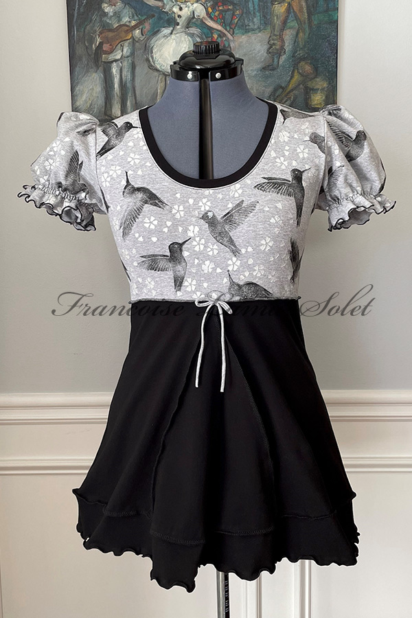 Women's black and gray short puff sleeve empire waist tunic swing top hand printed with black hummingbirds and pearl cherry blossoms - Hummingbirds