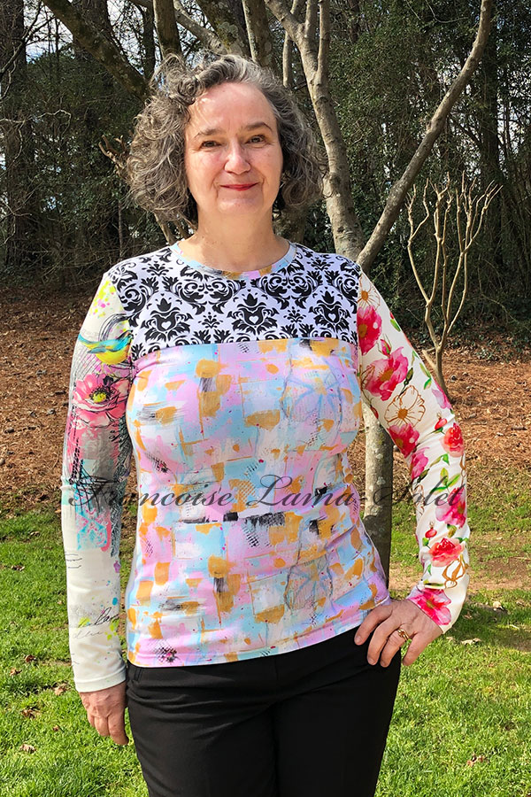 Women’s fitted long sleeve patchwork t-shirt handmade with pastel floral and abstract art fabrics and black and white damask jersey – Kinsley