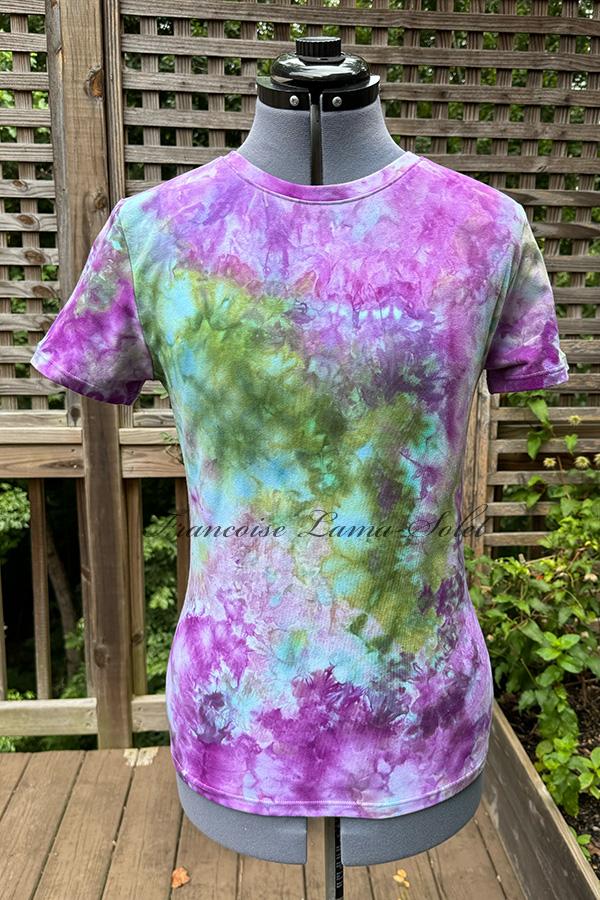 Women's wearable art purple and aqua short sleeve t-shirt handmade with hand tie dyed iced dyed cotton lycra jersey - Lavender Field