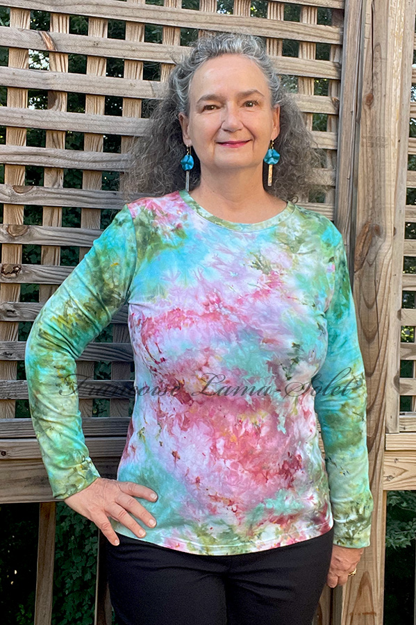 Wearable art pink and turquoise long sleeve t-shirt handmade and hand iced dyed with cotton lycra jersey – Lily Rose