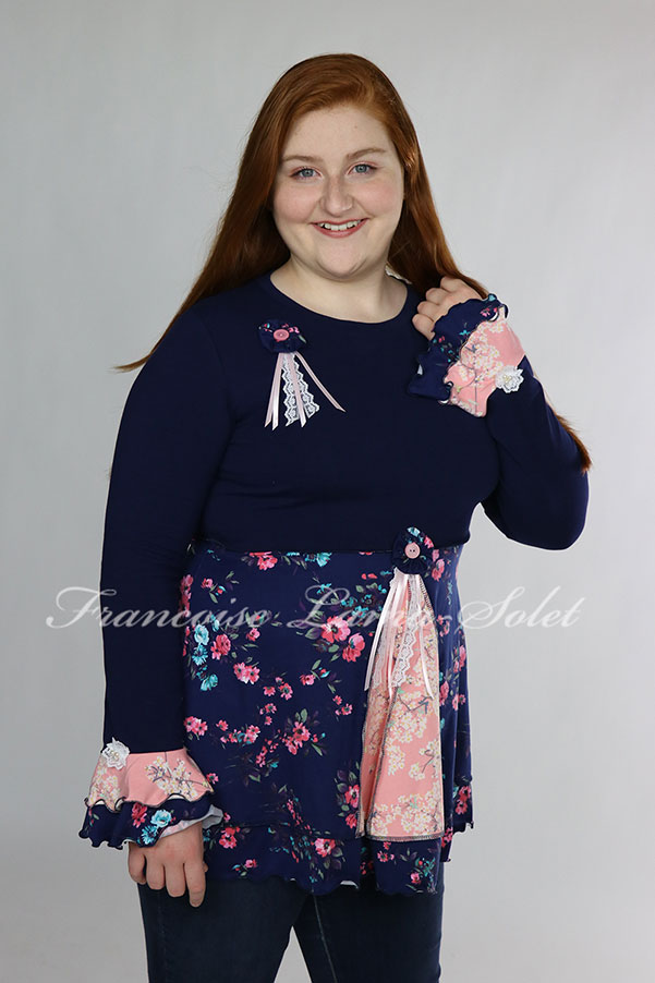 Womens empire waist tunic handmade with shabby chic navy blue, pink jerseys with bell sleeves and lace details Louise
