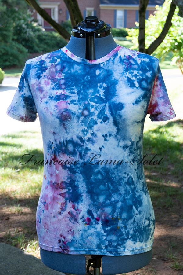 Women's wearable art blue, red and white short sleeve t-shirt handmade with hand dyed ice dyed bamboo cotton lycra jersey - Madeline