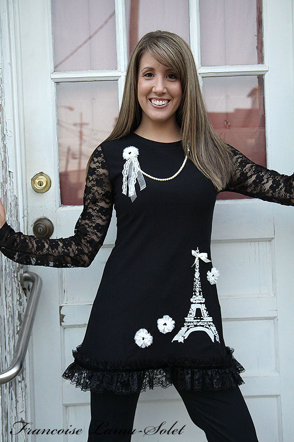 Women formal black long sleeve ruffled lace Eiffel Tower Print tunic dress Midnight in Paris