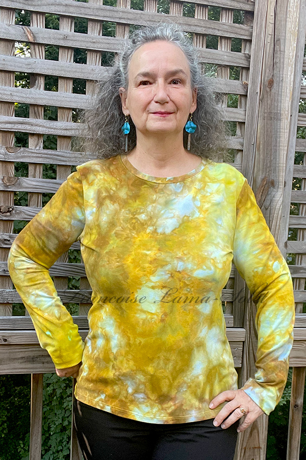 Wearable art mustard yellow, brown and chartreuse green long sleeve t-shirt handmade and hand iced dyed with cotton lycra jersey – Mustard