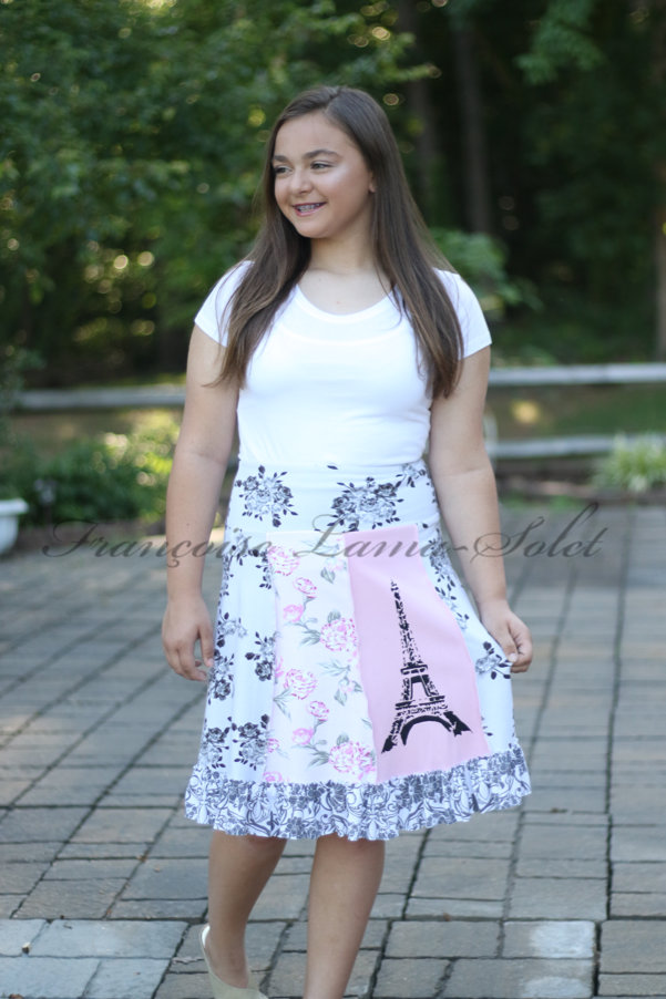 Patchwork a-line ruffled skirt handmade with pink, grey, black floral cotton jerseys and hand printed with the Eiffel Tower