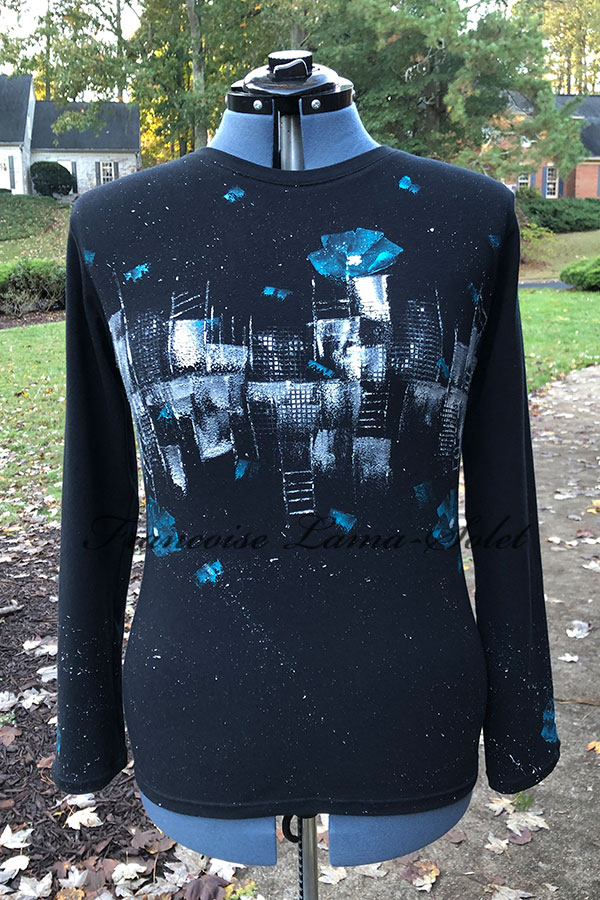 Womens artsy black long sleeve t-shirt handmade with cotton jersey and hand painted with city skyline and blue poppies – Poppy Odyssey