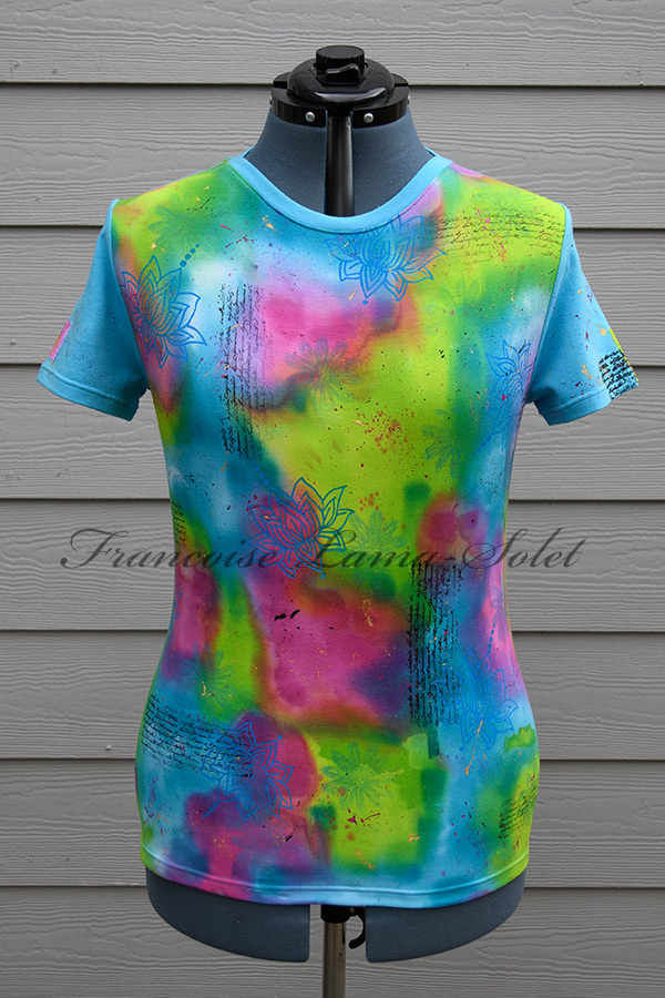 Women's wearable art pink, turquoise and green short sleeve t-shirt handmade with cotton lycra jersey, hand painted and hand printed with lotus flowers - Rainbow