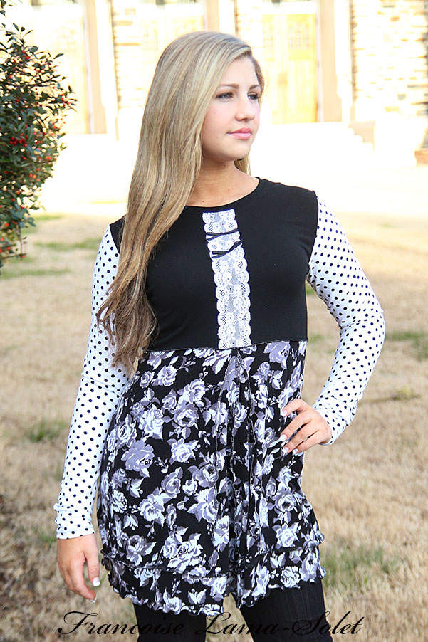 Black and white polka dot long sleeve floral tunic top, handmade fitted ...