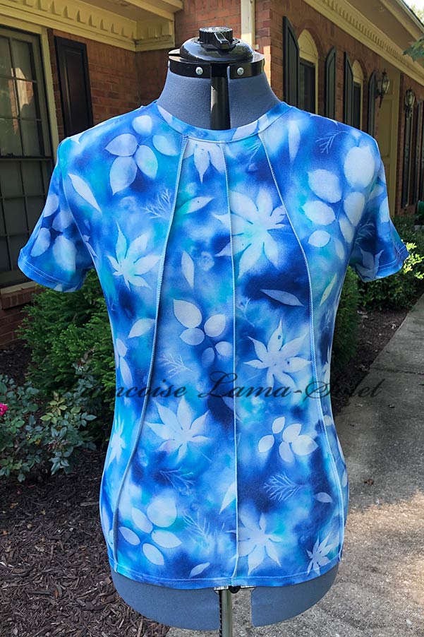 WWearable art bamboo cotton tee handmade, hand painted with with different shades of blue and sun printed with Japanese maple leaves – Shades of Blue
