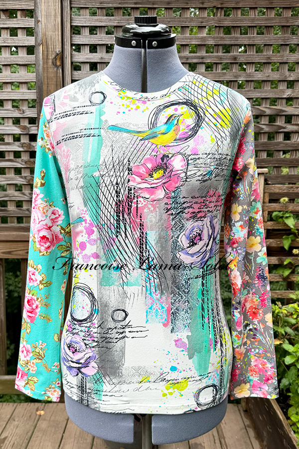 Women’s fitted long sleeve t-shirt handmade with colorful boho floral, birds cotton lycra jerseys – Spring Day