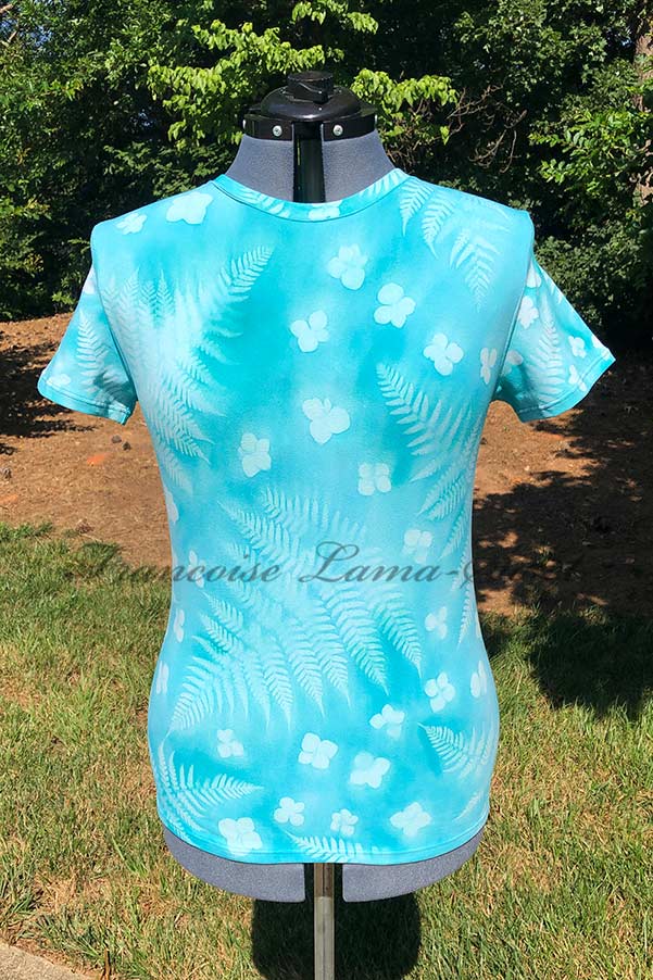 One of a kind handmade short sleeve cotton t-shirt, hand painted with aqua blue and sun printed with fern leaves and petals of hydrangea flowers – Summer Ferns