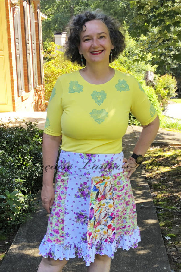 A-line patchwork jersey skirt with yoga waistband handmade with floral cotton lycra jersey and hemmed with a ruffle – Summer Fun