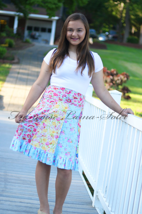 Modern feminine patchwork ruffled skirt with a urban style handmade with colorful floral cotton jerseys Summertime