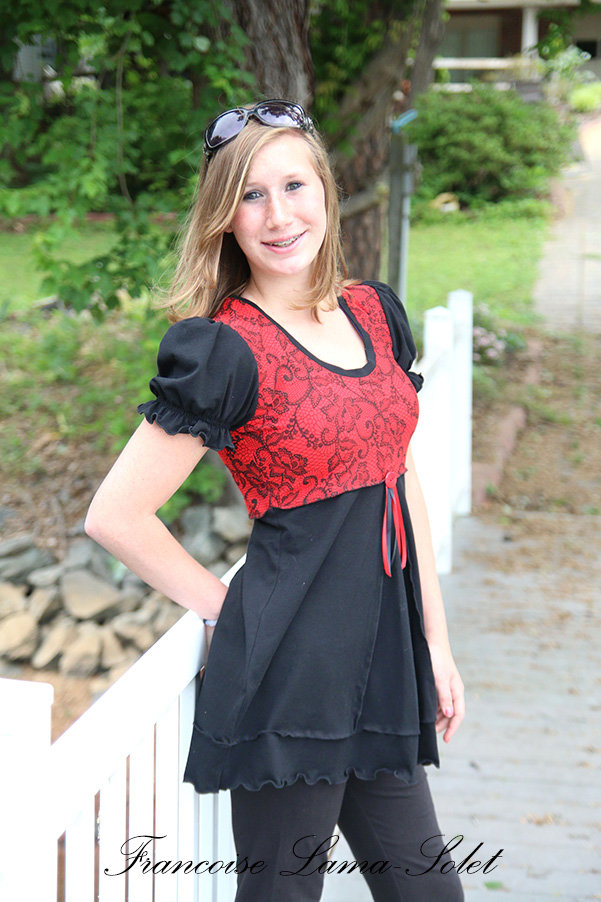 Red black lace jersey tunic short puff sleeve flared tunic top Tango