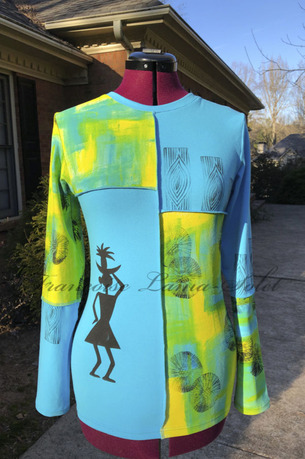 Colorful wearable art long sleeve t-shirt hand painted with yellow, green and turquoise abstract print and hand printed with tribal patterns – Tribal Vibes