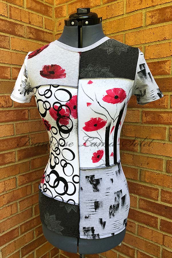 Women’s unique artsy white and gray patchwork short sleeve t-shirt hand painted with modern abstract art and red poppy flowers and hand printed – Urban Poppies