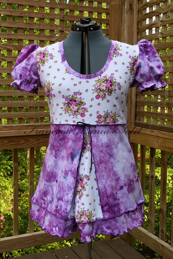 Women's purple short puff sleeve empire waist tunic swing top handmade with a hand dyed cotton lycra and a floral cotton lycra jersey - Violette