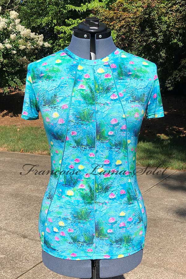Womens fitted short sleeve t-shirt handmade with a turquoise,green and pink floral bamboo spandex jersey – Water Lilies