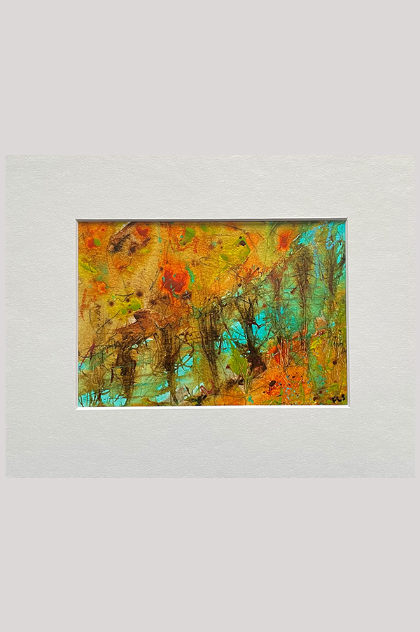 Small original abstract landscape painting of trees reflecting in a creek size 7 x 5 inch painted on watercolor paper and mounted in a mat - Abstract Reflection