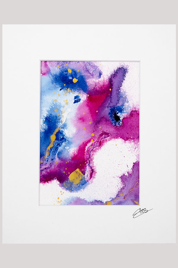 Small colorful original contemporary abstract painting in the shades indigo, magenta, purple and gold done on watercolor paper and mounted on white board size 8 x 10 - After the Storm