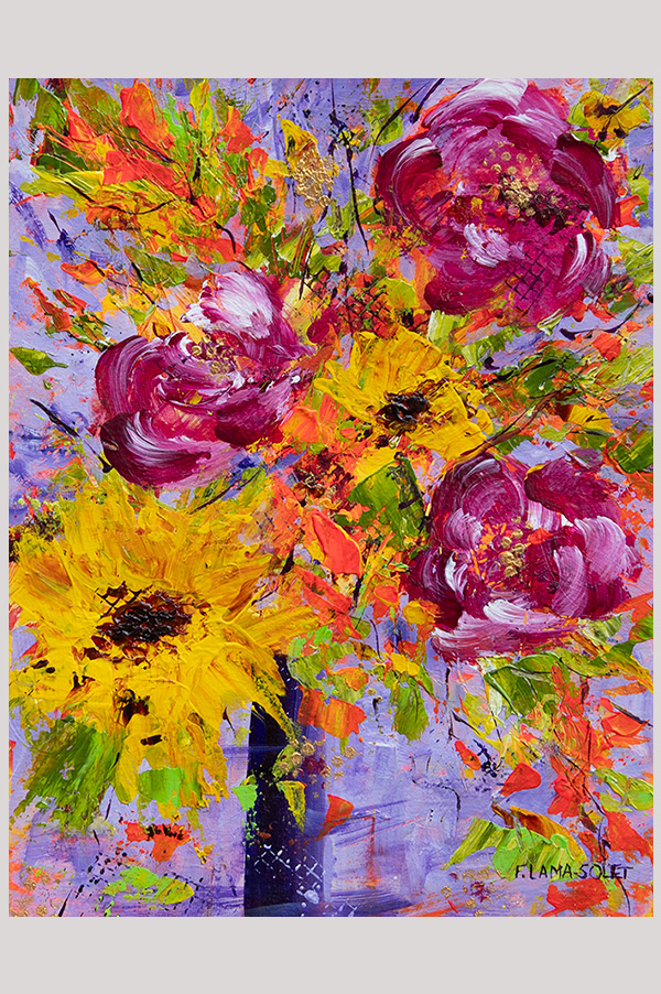 Original colorful impressionist painting of a bouquet of flowers in a vase hand painted with acrylics on watercolor paper size 8.25 x 10.75 inch and mounted in a mat size 11 x 14 inches - Autumn Smile