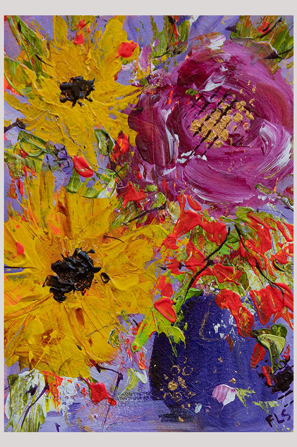 Original colorful impressionist painting of a bouquet of flowers in a vase hand painted with acrylics on watercolor paper size  7 x 5 inch and mounted in a mat size 10 x 8 inch - Autumn Smile #1