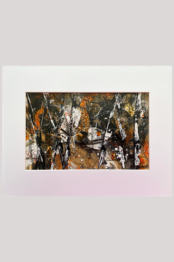 Small original black, white and orange acrylic abstract landscape painting of a forest and trees size 5 x 8 inch done on watercolor paper and mounted in a mat - Autumn Splendor