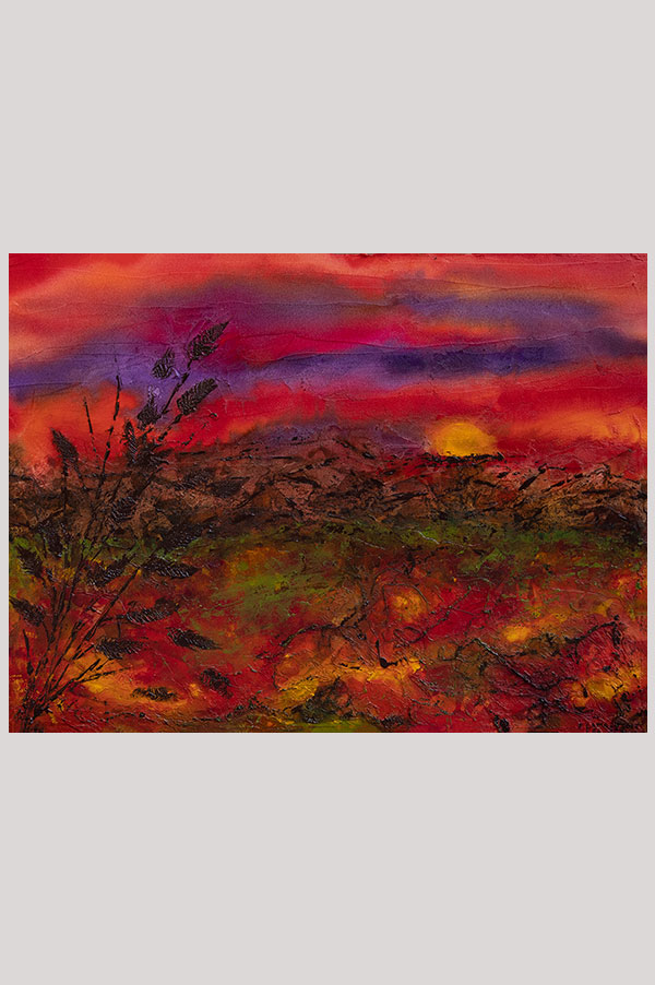 Colorful original mixed media abstract textured landscape painting of a sunset in the different shades of oranges, purple, pink, browns and green - Autumn Sunset