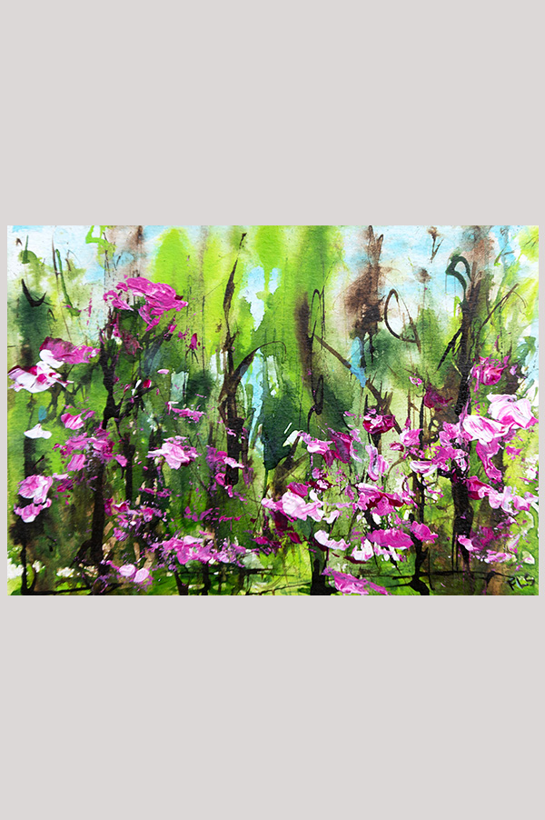 Original colorful loose abstract landscape floral painting of azalea in the forest hand painted with acrylics on watercolor paper size  7 x 5 inch and mounted in a mat size 10 x 8 inch - Azalea Walk