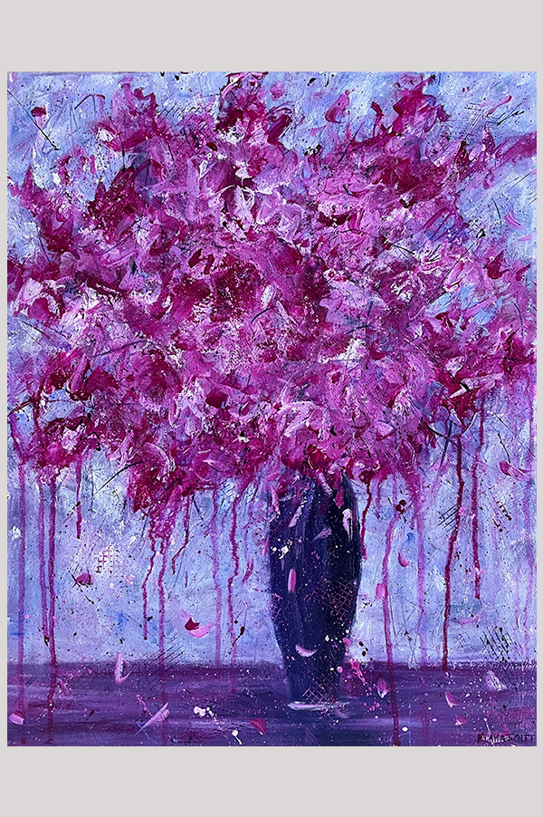 Original monochromatic pink and lavender abstract flowers in vase acrylic painting on stretched canvas size 16 x 20 inch - Be Mine