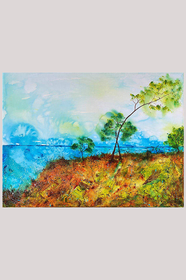 Colorful original abstract seascape painting of trees on a cliff, scenery inspired by Torrey Pines natural park on gallery wrapped canvas size 24x18 inches - Beautiful Day in Torrey Pines